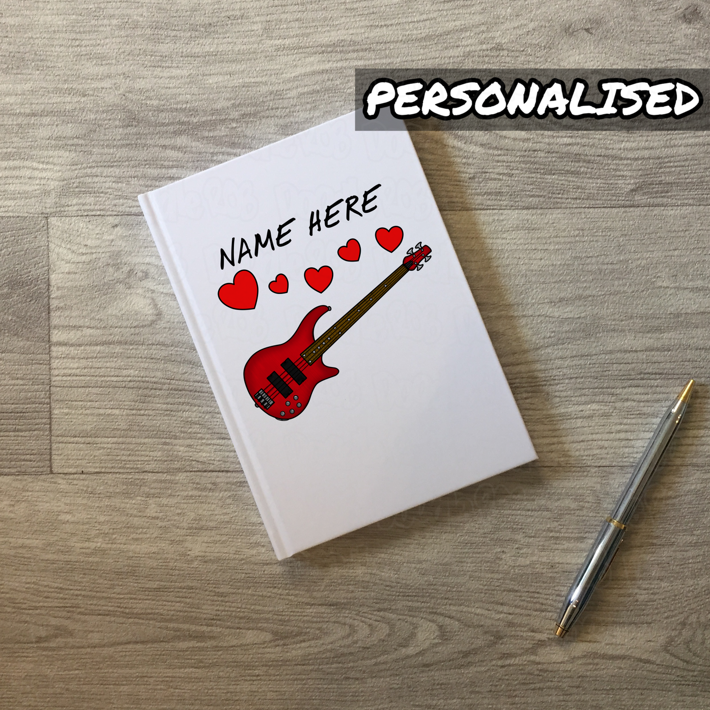 Bass Guitar Personalised Journal (Hearts) - Bassist Custom Notebook - Wedding Musician Gift