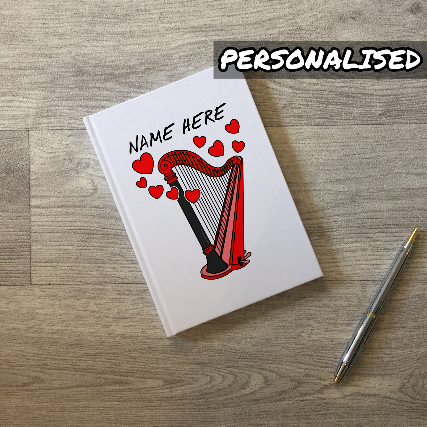 Harp Personalised Journal (Hearts) - Wedding Harpist Notebook - String Musician Valentines Gift