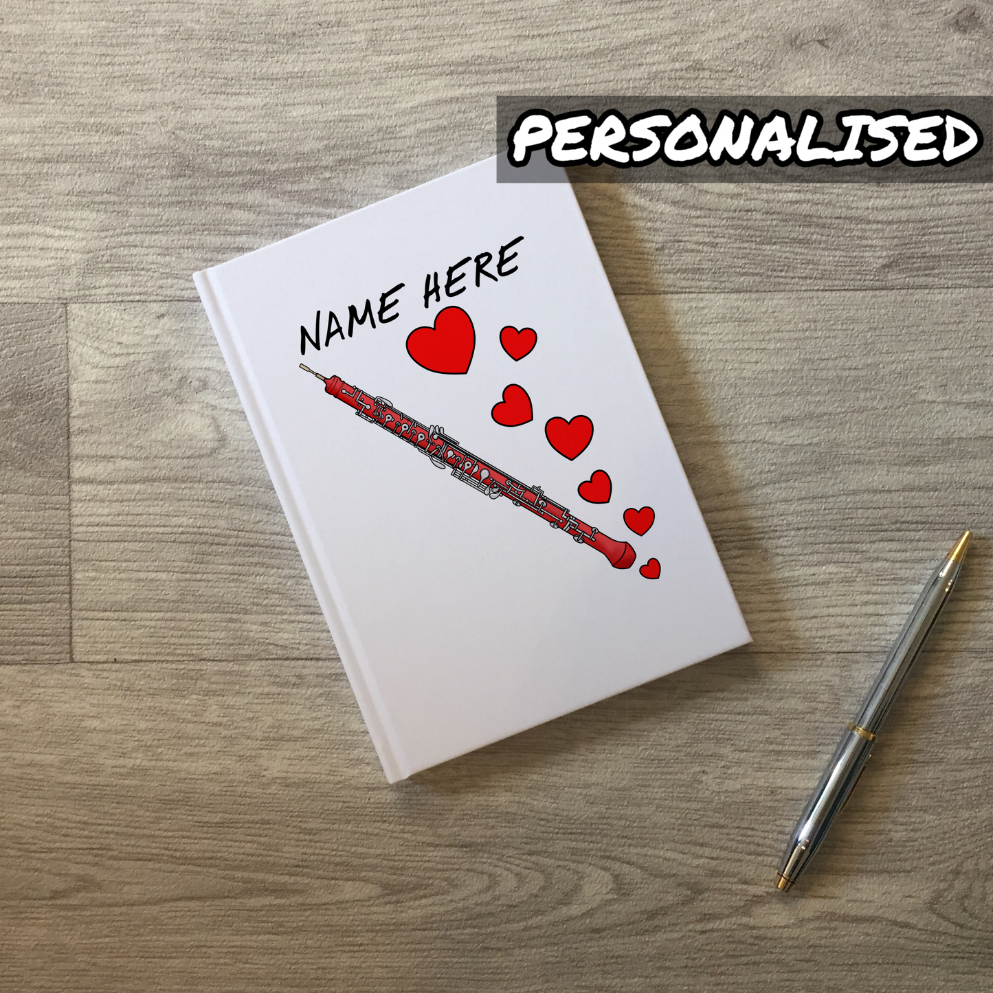 Oboe Personalised Journal (Hearts) - Oboist Custom Notebook - Woodwind Musician Valentines Gift