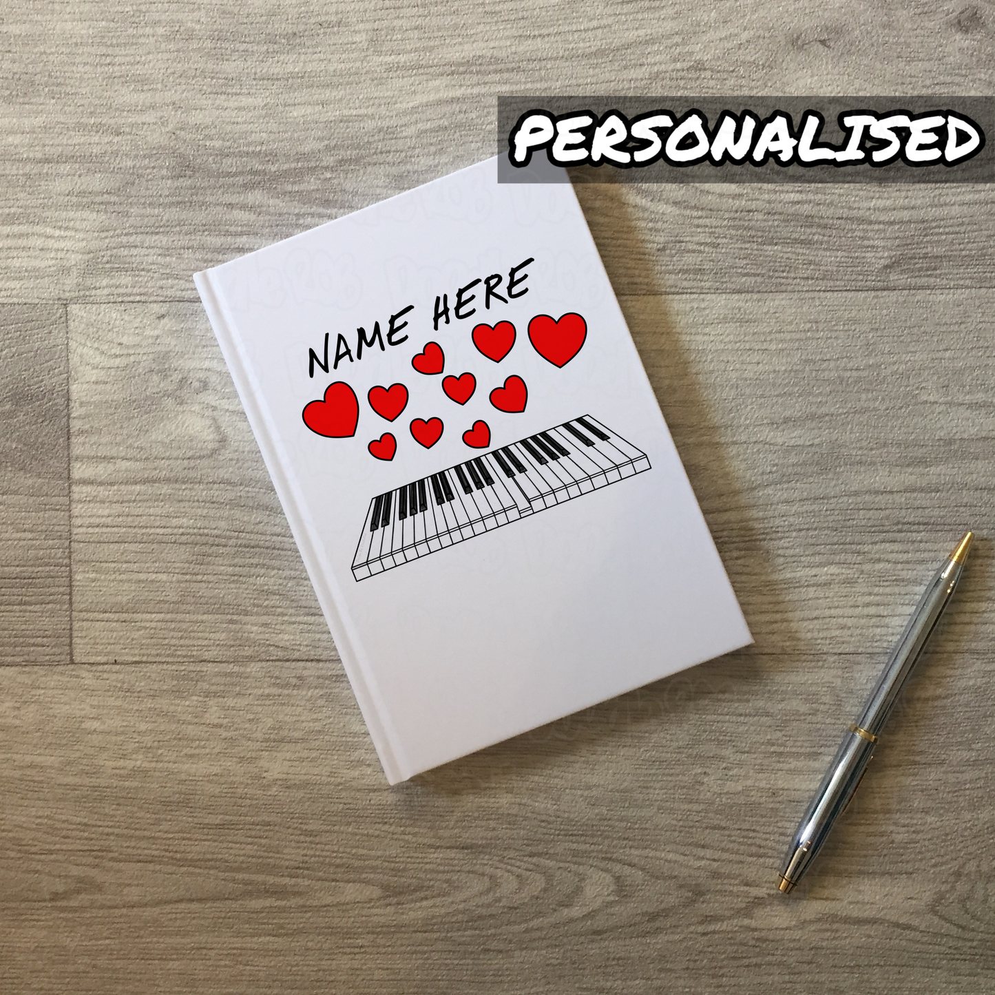 Piano Personalised Journal (Hearts) - Pianist Custom Notebook - Musician Wedding Gift