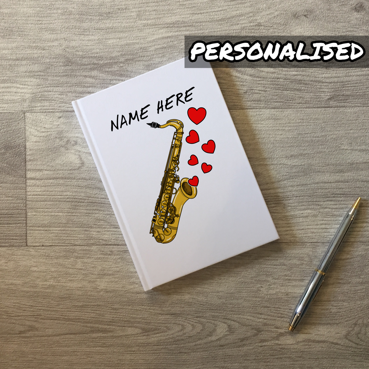 Saxophone Personalised Journal (Hearts) - Saxophonist Notebook - Wedding Sax Player Gift