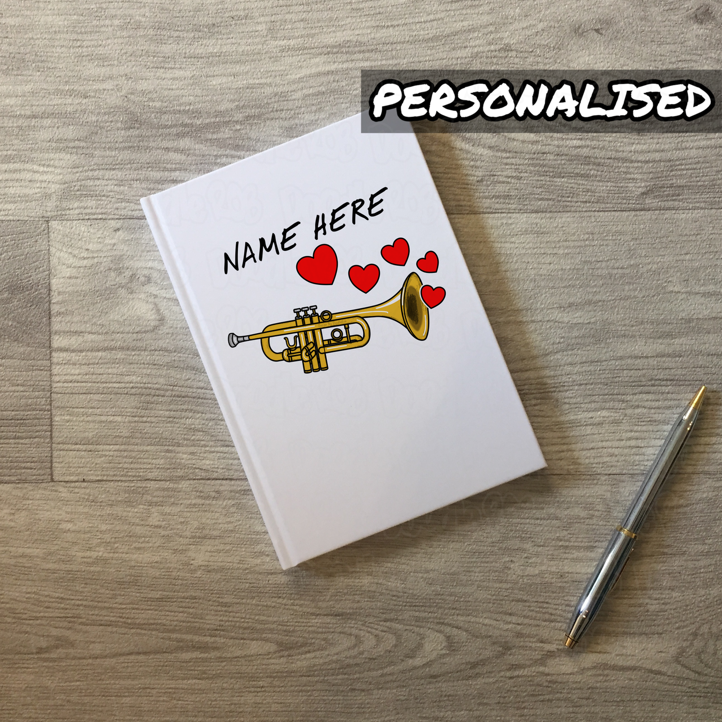 Trumpet Personalised Journal (Hearts) - Trumpeter Custom Notebook - Brass Musician Anniversary Gift