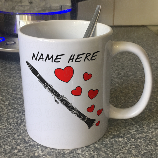 Personalised Clarinet Mug (Hearts) - Clarinetist Custom Gift - Wedding Musician Mug