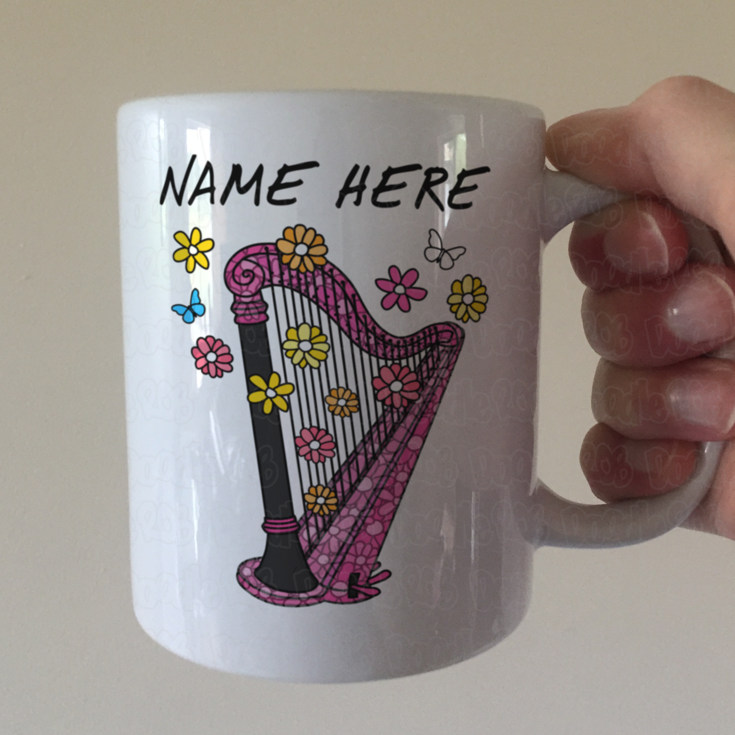 Floral Harp Personalised Mug - Harpist Custom Gift - Harp Teacher Gift